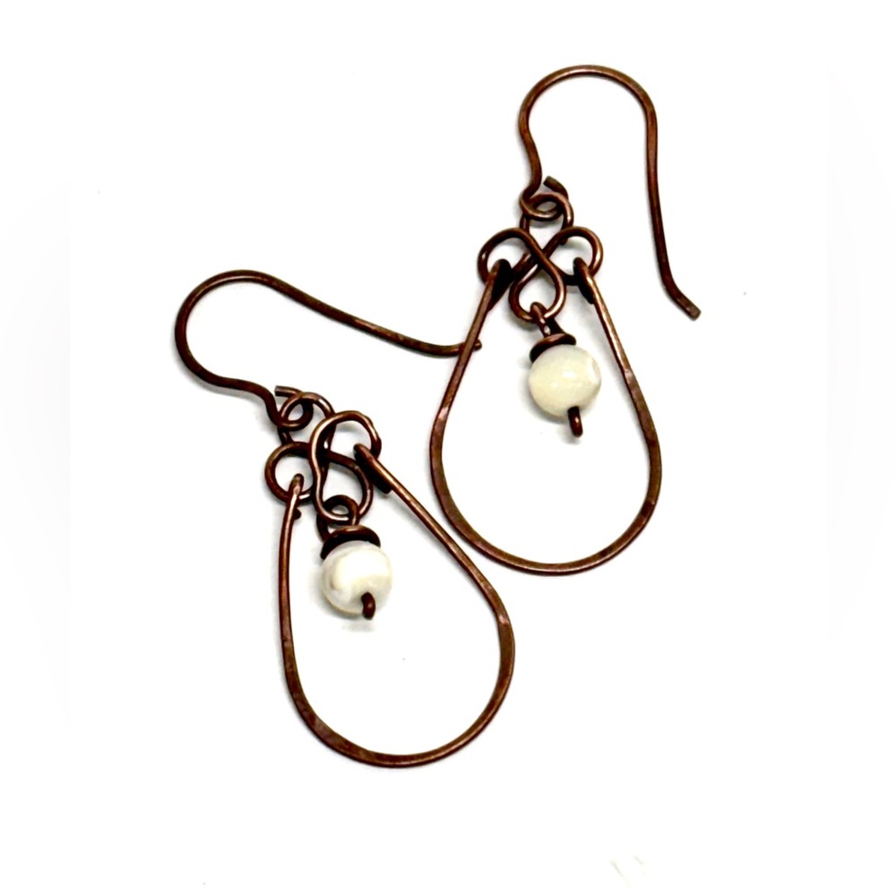 HANDMADE Mother of Pearl Wire Wrapped Copper Dangle Earrings, Gift for Mom Her - Picture 1 of 10